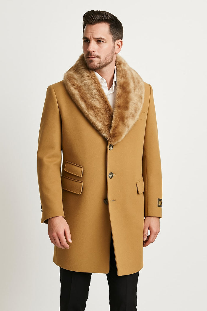 Mens Camel Overcoat with Light Faux Fur Collar â€“ Single-Breasted Wool Dress Coat