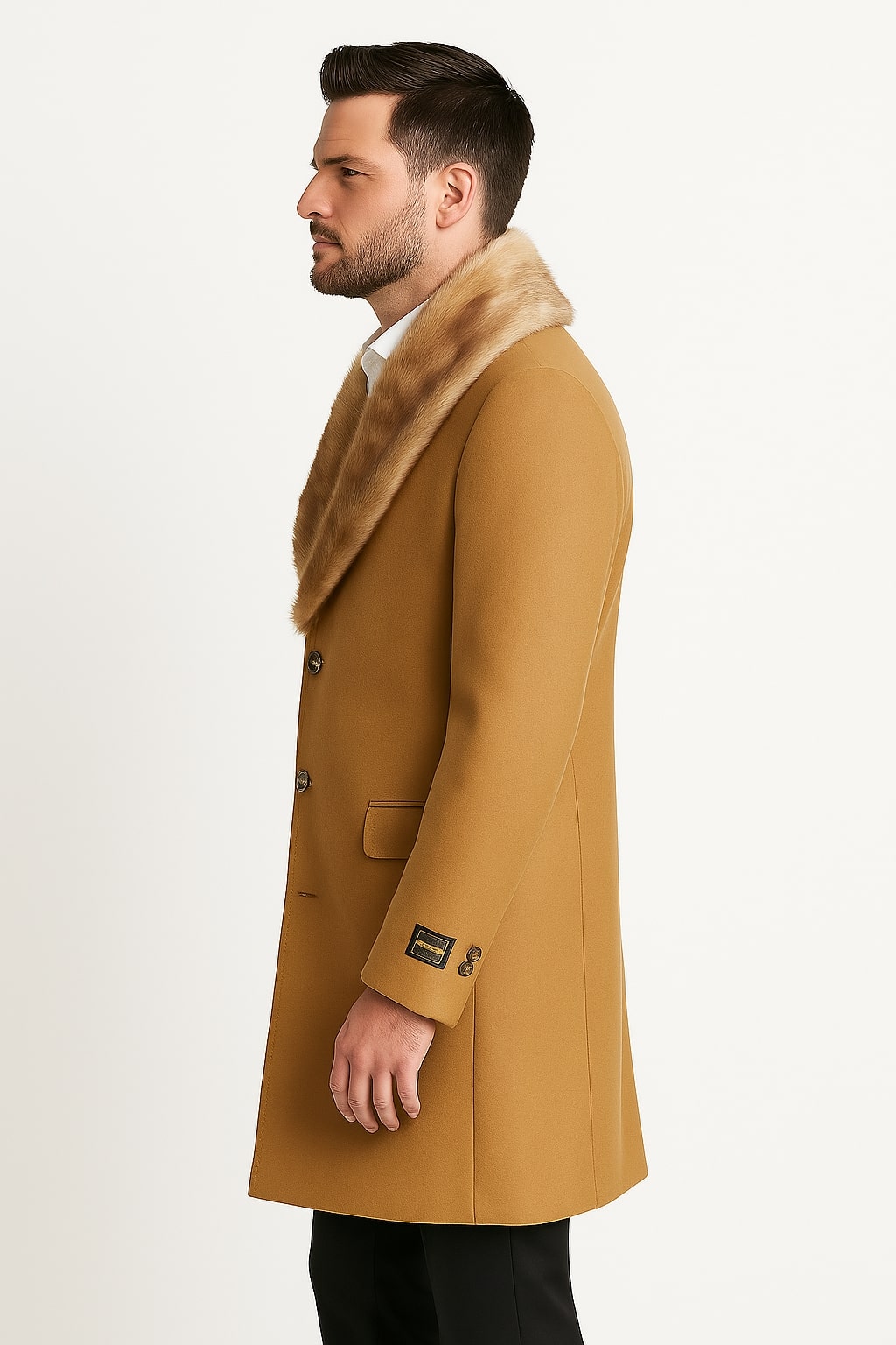Mens Camel Overcoat with Light Faux Fur Collar â€“ Single-Breasted Wool Dress Coat - Coat Size 38