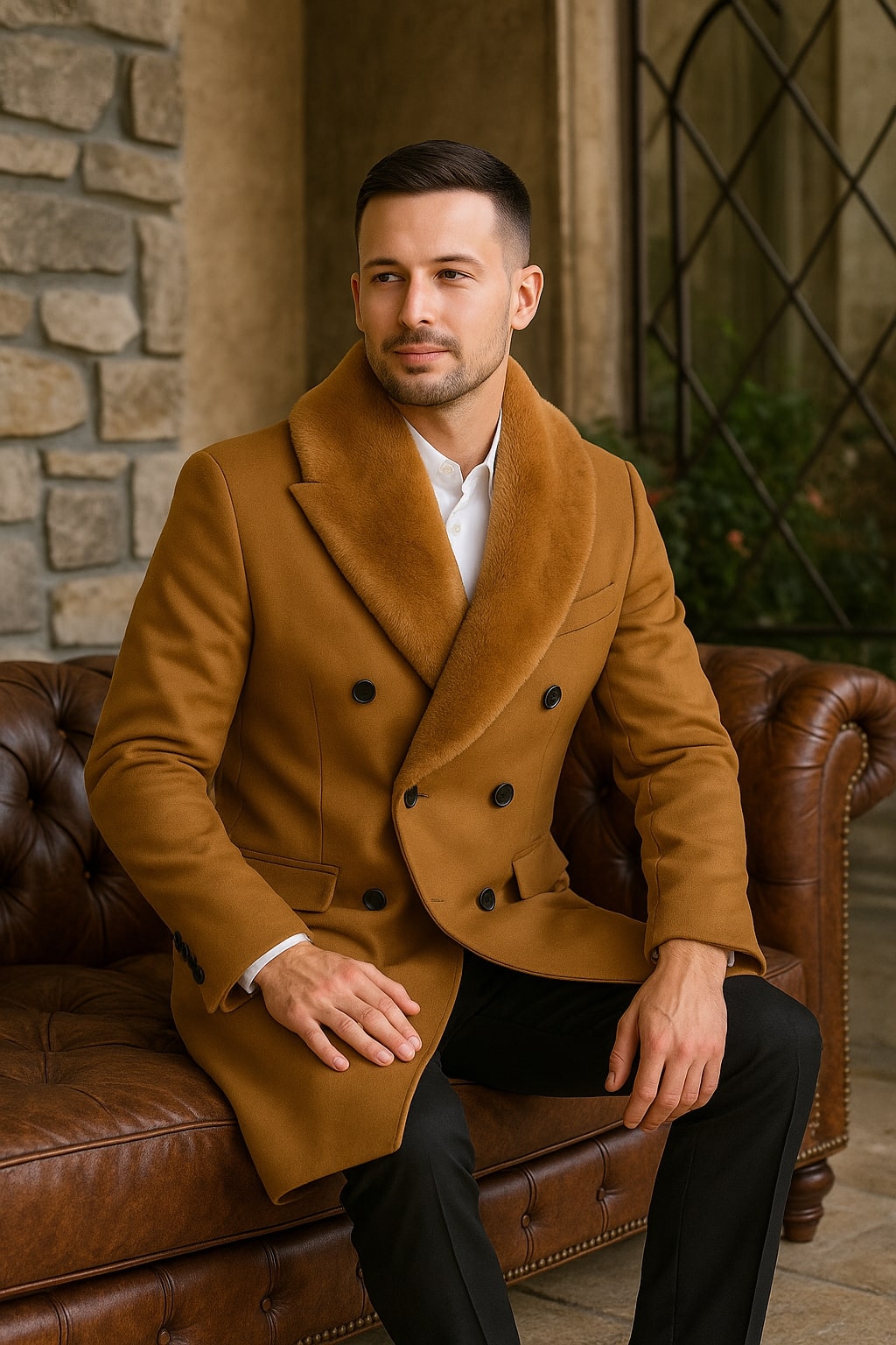 Mens Camel Wool Overcoat with Faux Fur Shawl Collar  Double-Breasted  Winter Dress Coat