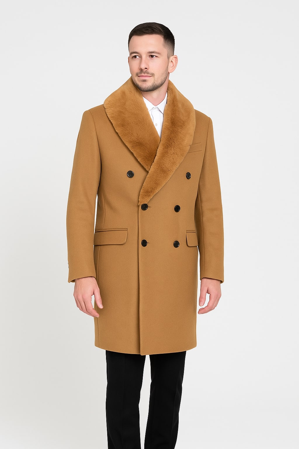 Mens Camel Wool Overcoat with Faux Fur Shawl Collar â€“ Double-Breasted Winter Dress Coat - Coat Size 38