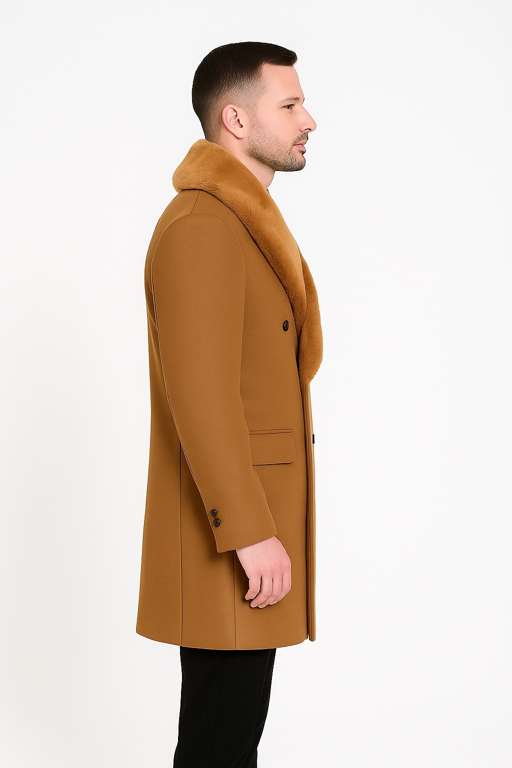 Mens Camel Wool Overcoat with Faux Fur Shawl Collar â€“ Double-Breasted Winter Dress Coat - Coat Size 38