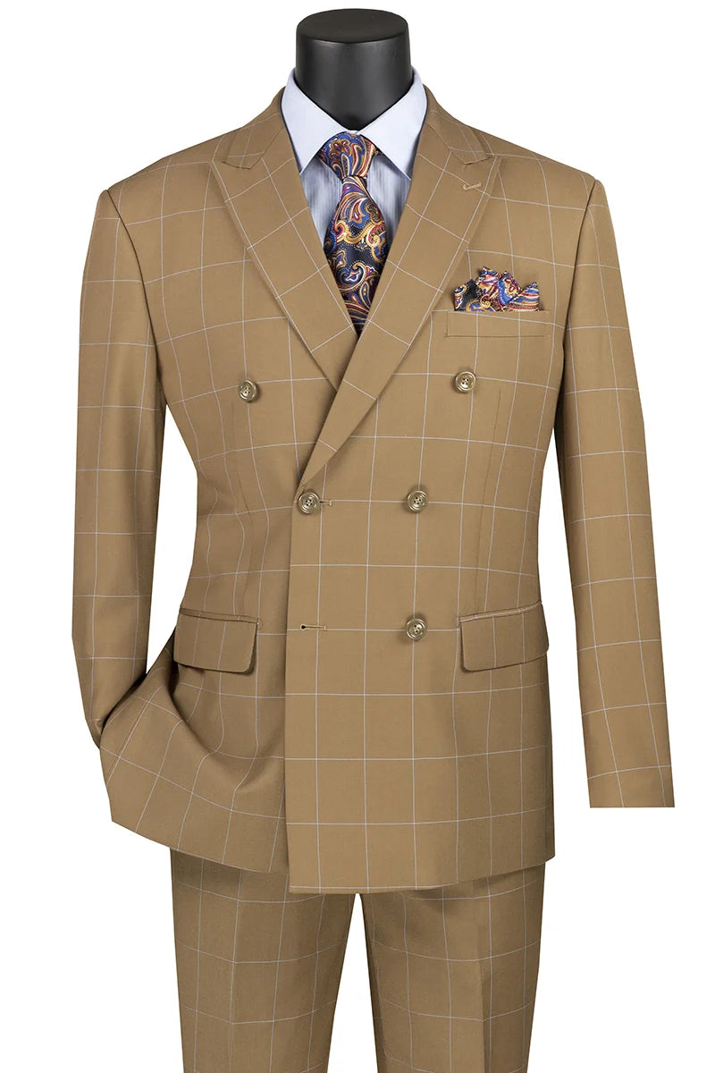 Camel Modern Fit Double Breasted Windowpane Peak Lapel 2 Piece Suit - 38 Short - 32 Waist