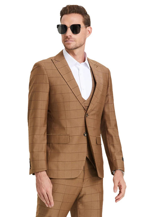 Cheap priced Suit - Men's Two Button Vested Peak Lapel Sharkskin Camel  Suit  Windowpane Plaid