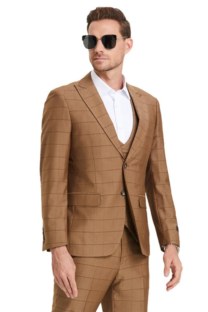 Cheap priced Suit - Men's Two Button Vested Peak Lapel Sharkskin Camel  Suit  Windowpane Plaid