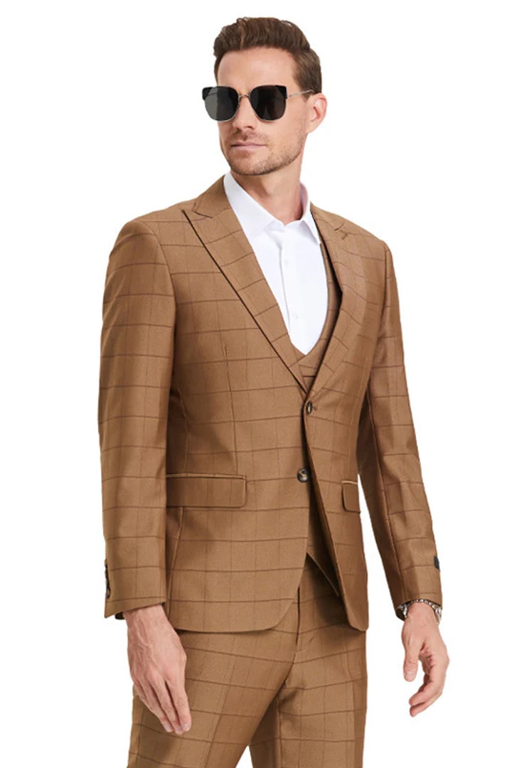 Cheap Suit - Men's Two Button Vested Peak Lapel Sharkskin Camel  Suit  Windowpane Plaid