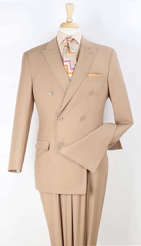 Cheap Suit - Mens Classic Double Breasted Luxury Wool Feel - Designer Brand Camel Suit