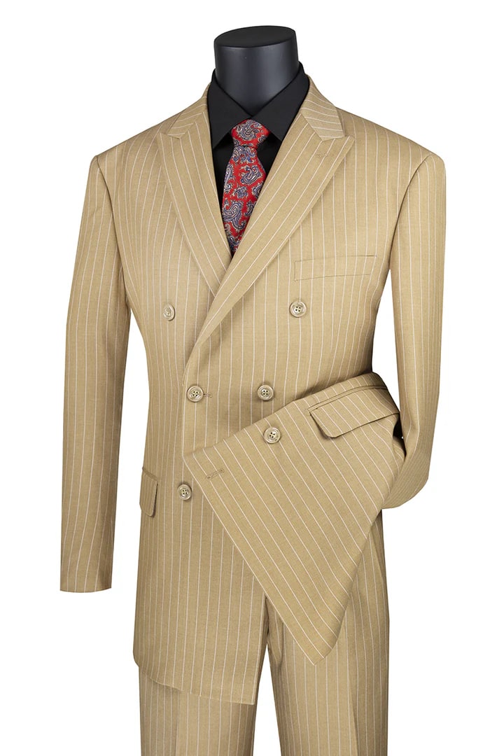 Cheap Suit - Mens Double Breasted Gangster Bold Pinstripe Camel Suit