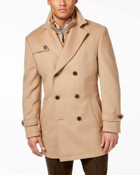 Camel Double-Breasted Wool-Blend Peacoat with Knit Bib