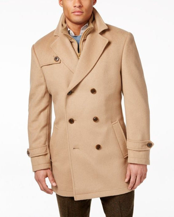 Camel Double-Breasted Wool-Blend Peacoat with Knit Bib - Coat Size 38