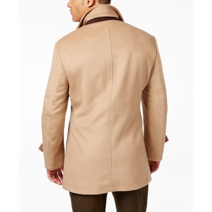 Camel Double-Breasted Wool-Blend Peacoat with Knit Bib