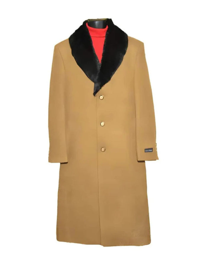 Fur Collar Camel 3 Button Wool Ankle length Overcoat ~ Long men's Dress Topcoat - Winter coat 95% Wool Fabric