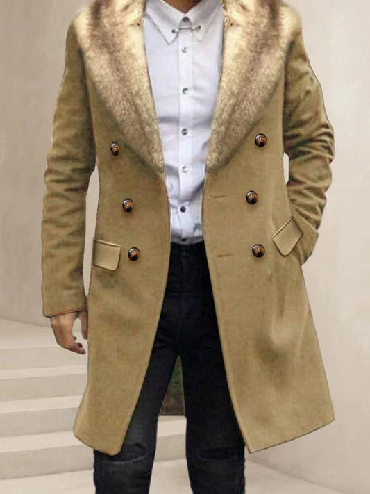 Camel Hair Overcoat - Peacoat With Fur Collar - Double Breasted Wool And Cashmere Coat