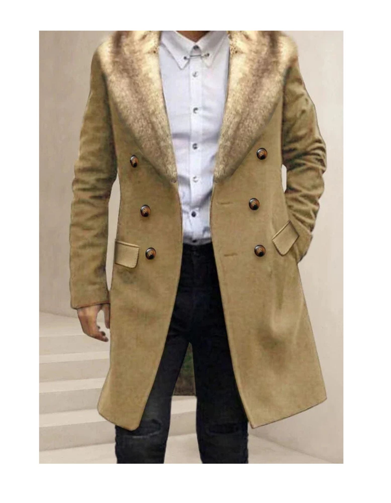 Camel Hair Overcoat - Peacoat With Fur Collar - Double Breasted Wool And Cashmere Coat - Coat Size 28