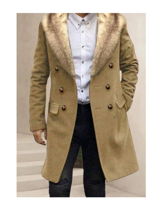 Camel Hair Overcoat - Peacoat With Fur Collar - Double Breasted Wool And Cashmere Coat