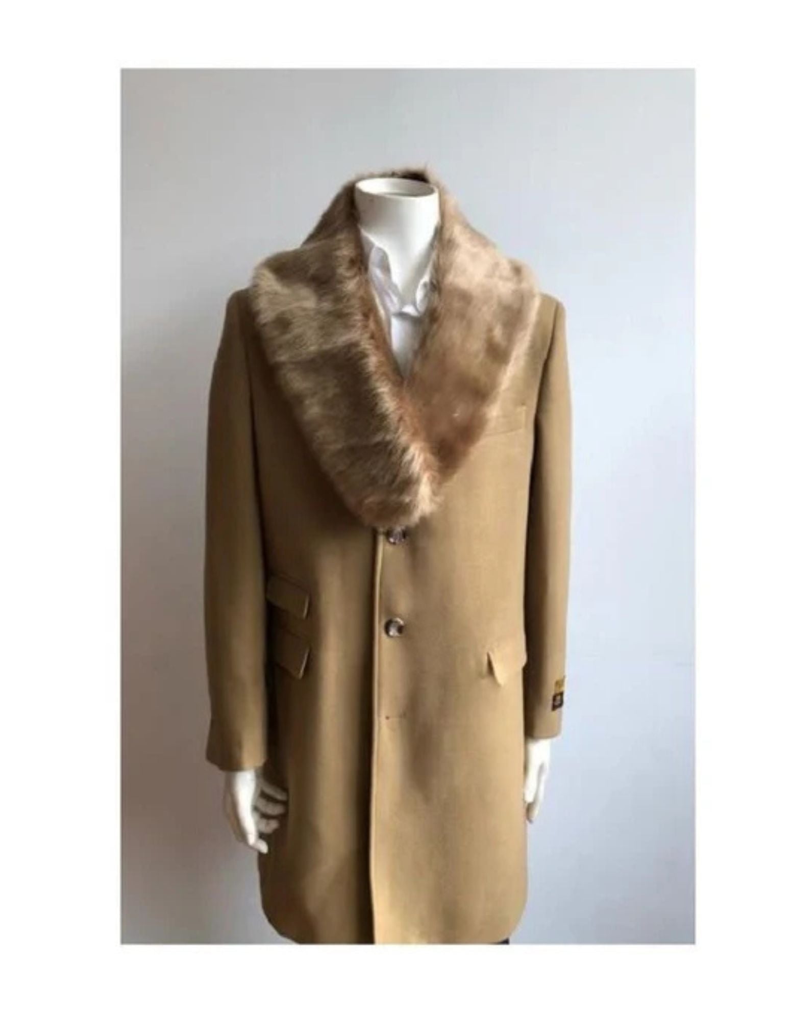 Mens Wool Overcoat With Fur Collar Camel Long Mens Peacoat - Coat Size 38