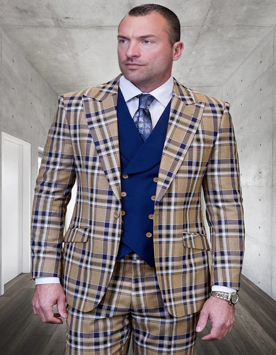 Men's Designer Wool Vested Peak Lapel Camel Windowpane Plaid Suit - 38 Short Jacket+32 Waist Adjustable 28to34)(Height: 5 4 to5 7 )(Neck  15-16.5)S-M)