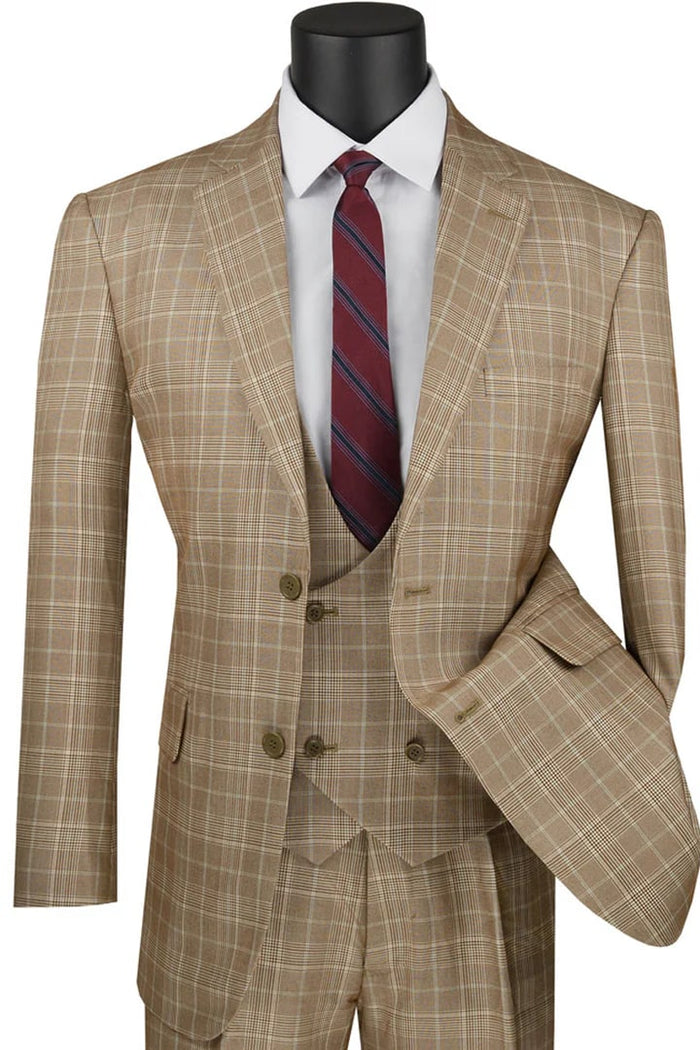 Cheap Priced Suit - Mens 2 Button Vested Peak Lapel Plaid Windowpane Camel Suit