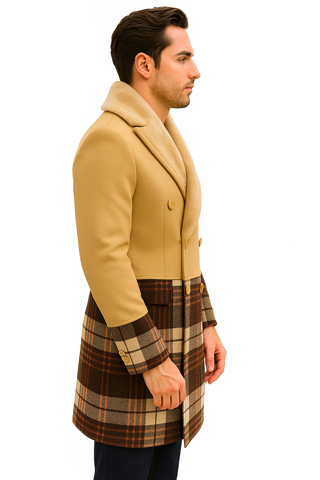 Mens Wool Plaid Peacoat - Plaid Pattern Wool camel-tan Coat - Coat Size 38