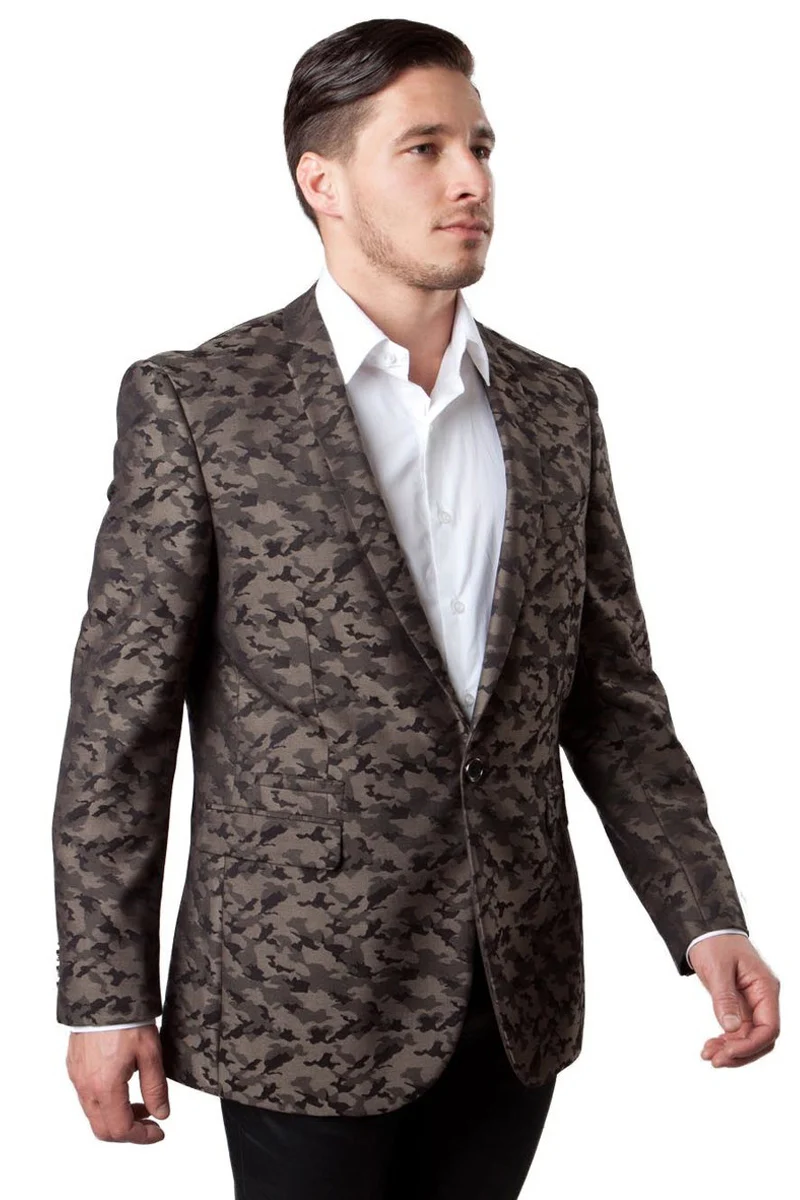 Mens One Button Camo Camouflage Sports Coat in Brown - 38 Short