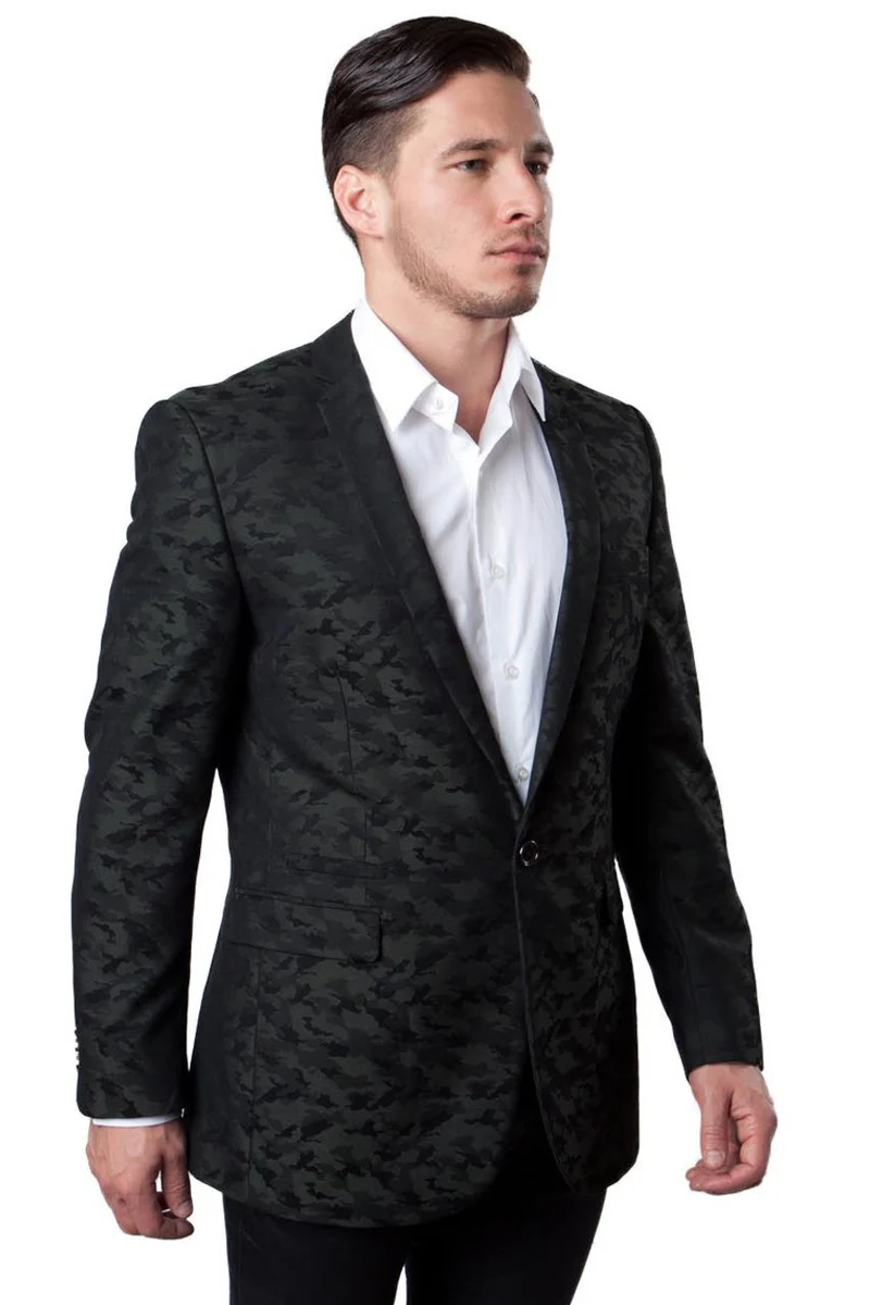Mens One Button Camo Camouflage Sports Coat in Dark Green - 38 Short