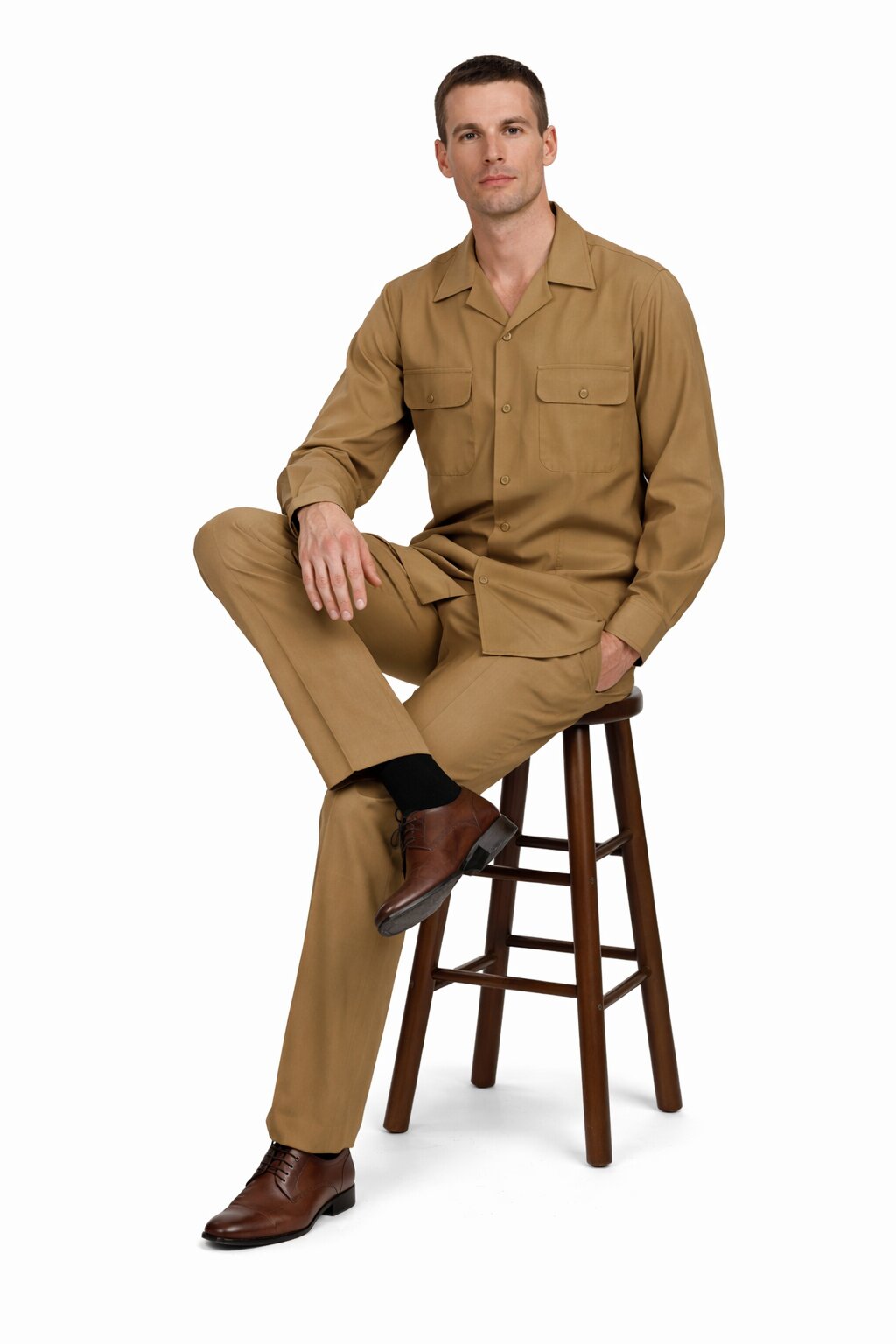 Mens Luxury Caramel Wool Two-Piece Leisure Walking Suit - Small