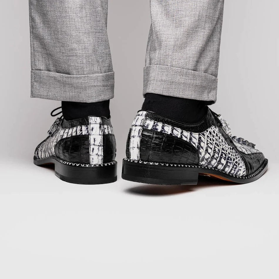 Marco Di Milano Caribe Men's Shoes Newspaper & Black Exotic Hornback Crocodile Skin Derby Oxfords - 8.5