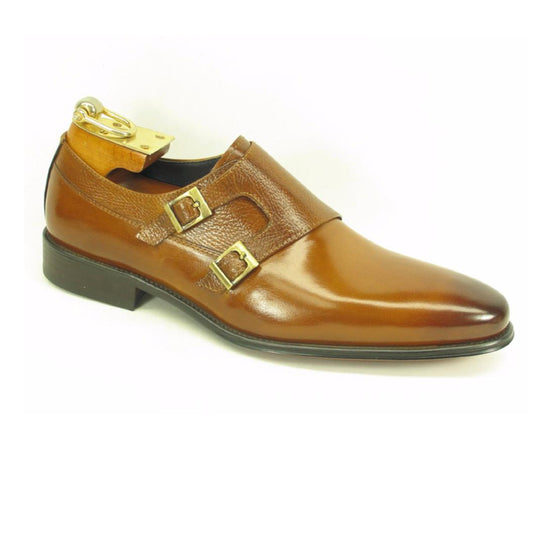 Mens Calfskin Double Buckle Monk Strap Dress Shoe in Cognac