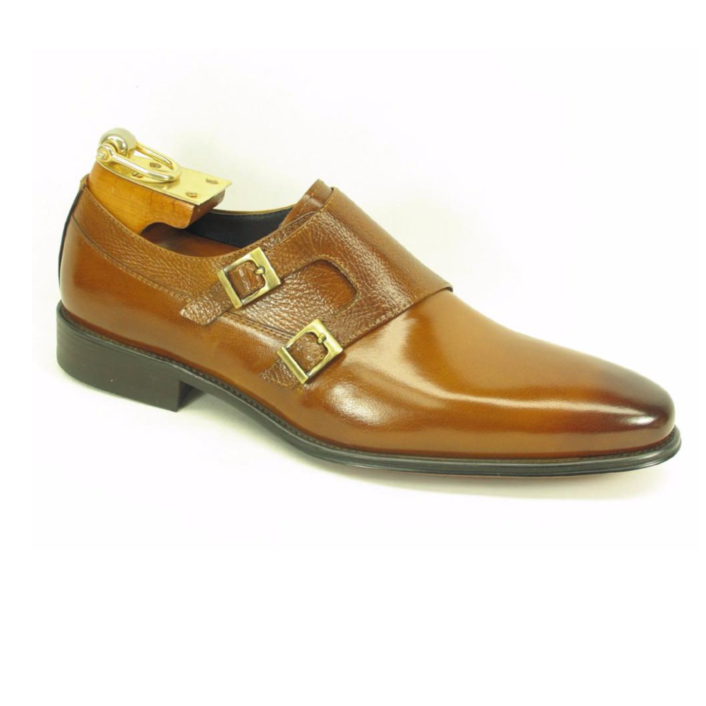 Mens Calfskin Double Buckle Monk Strap Dress Shoe in Cognac - 7.5