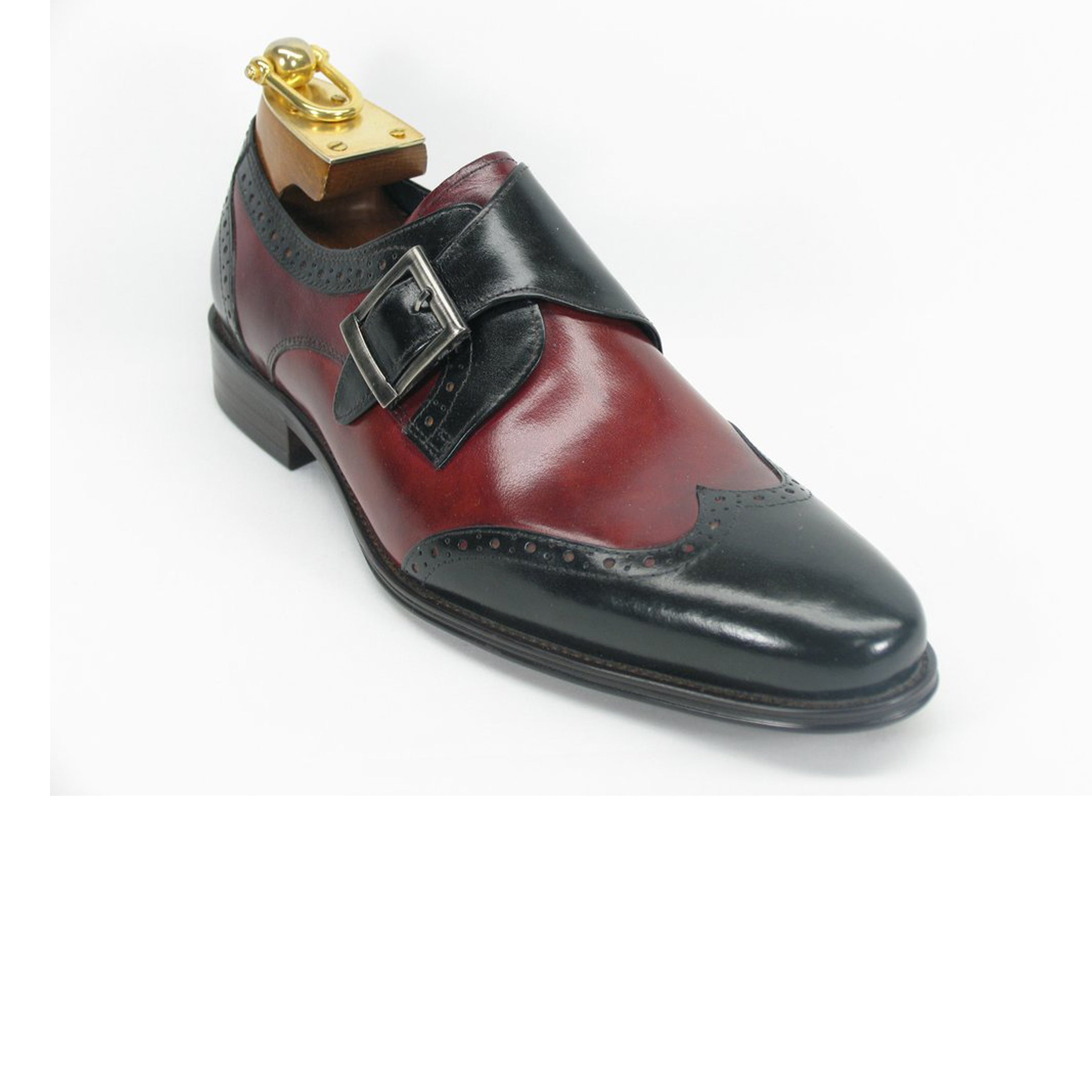 Mens Leather Wingtip Monk Strap Dress Shoe in Brown & Cognac - 7.5