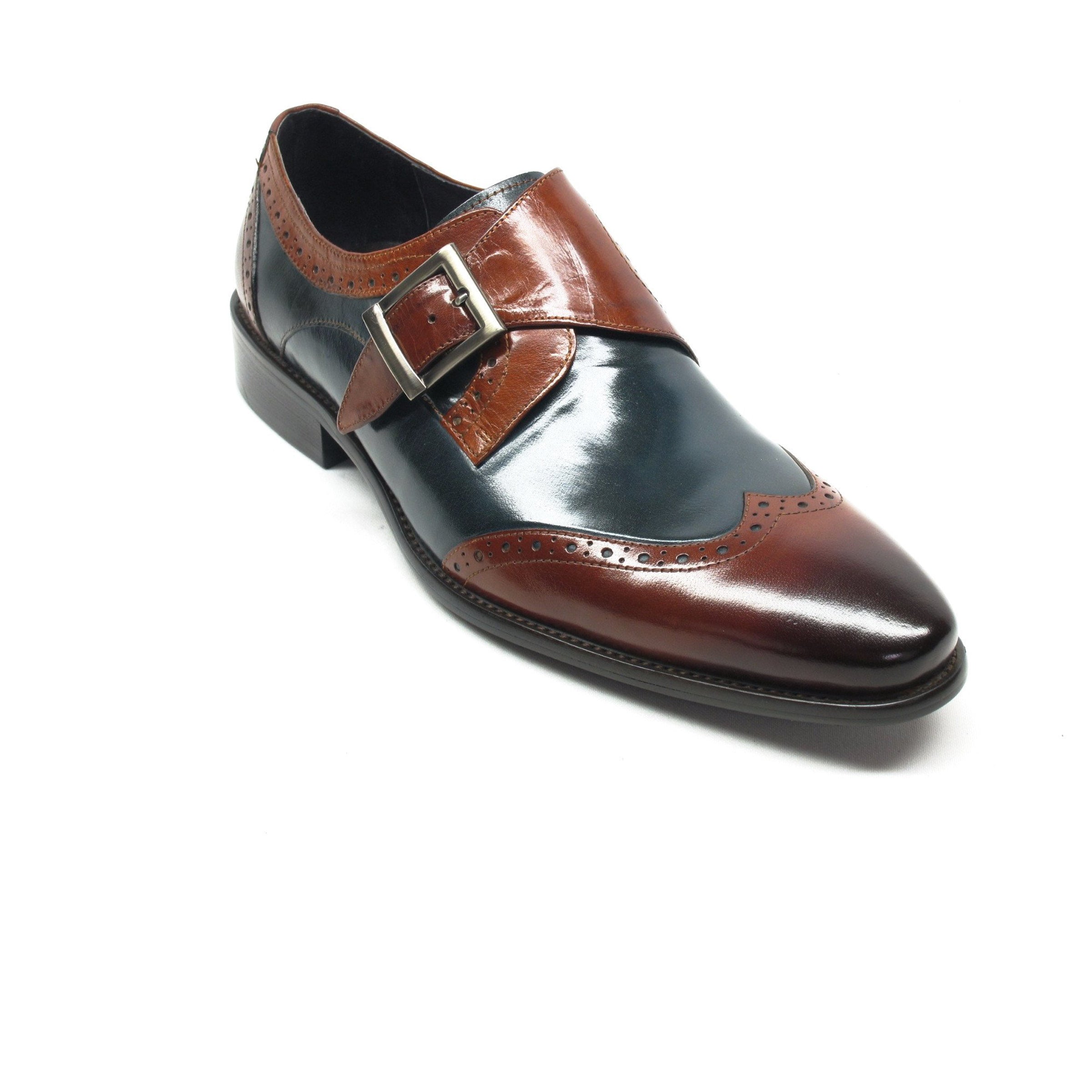 Mens Leather Wingtip Monk Strap Dress Shoe in Brown & Cognac - 7.5
