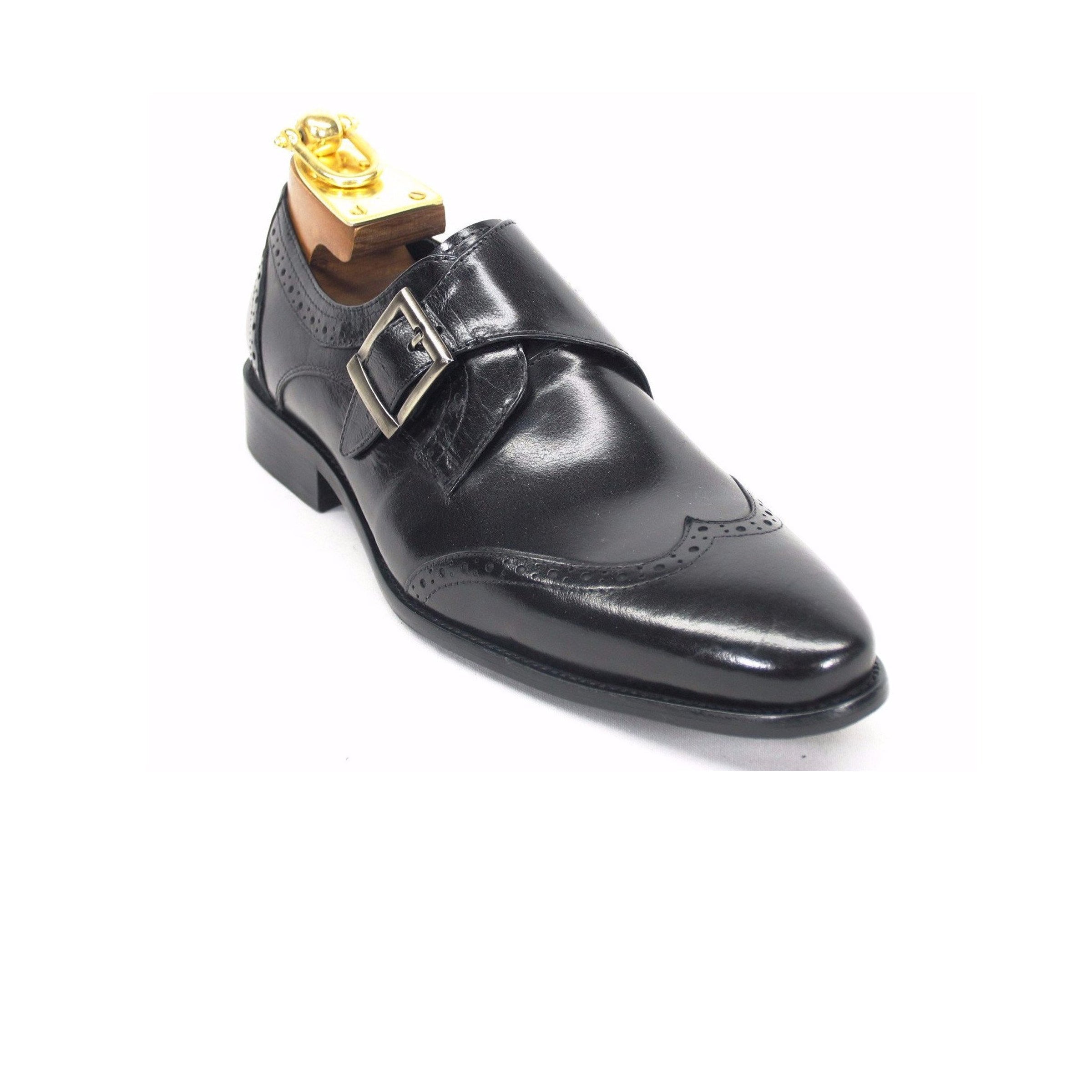 Mens Leather Wingtip Monk Strap Dress Shoe in Brown & Cognac - 7.5