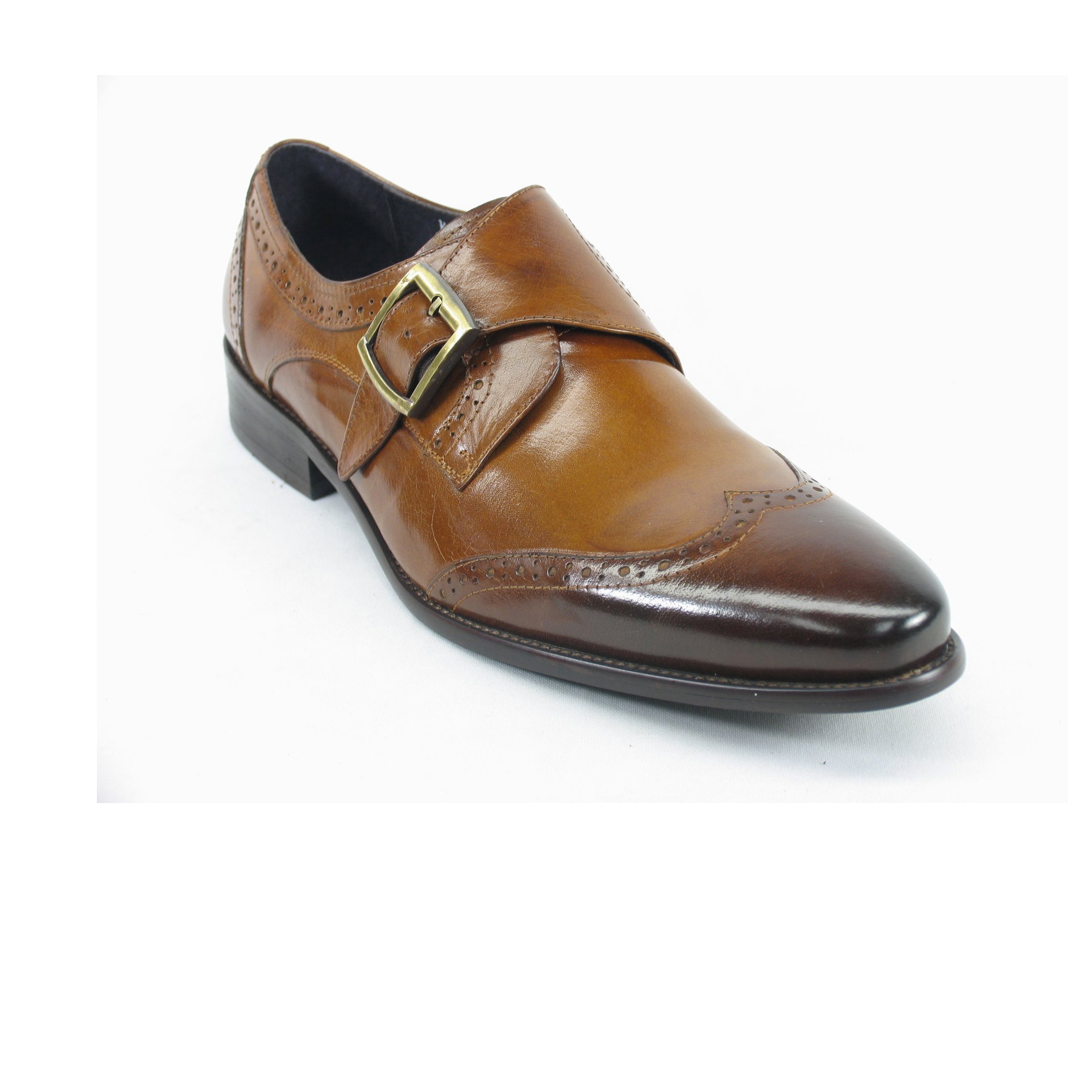 Mens Leather Wingtip Monk Strap Dress Shoe in Brown & Cognac - 7.5