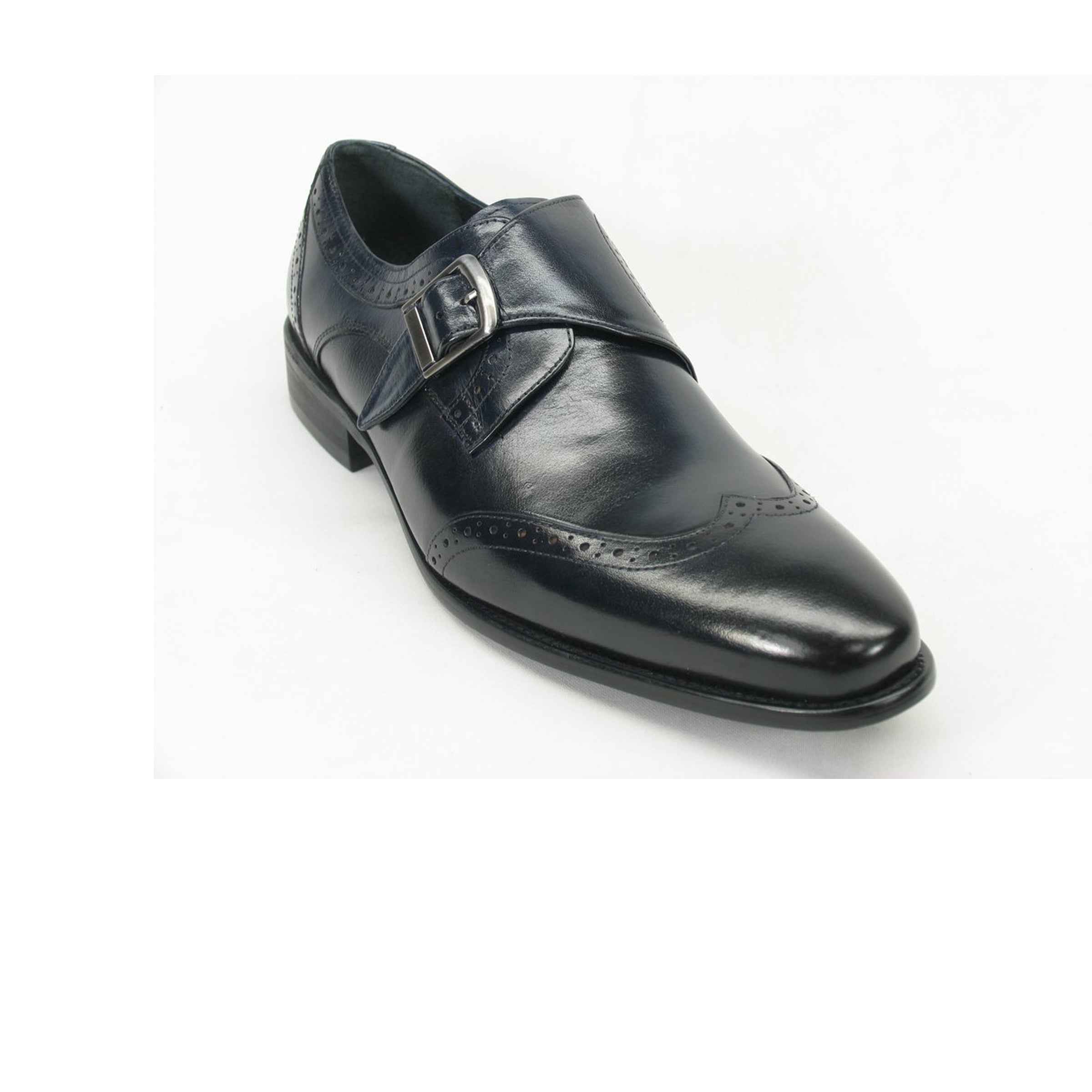 Mens Leather Wingtip Monk Strap Dress Shoe in Black & Burgundy - 7.5