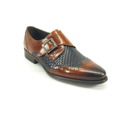 Mens Carrucci Woven Leather Single Buckle Monk Strap Dress Shoe in Brown & Navy