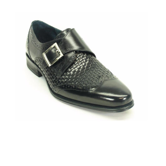 Mens Carrucci Woven Leather Single Buckle Monk Strap Dress Shoe in Black