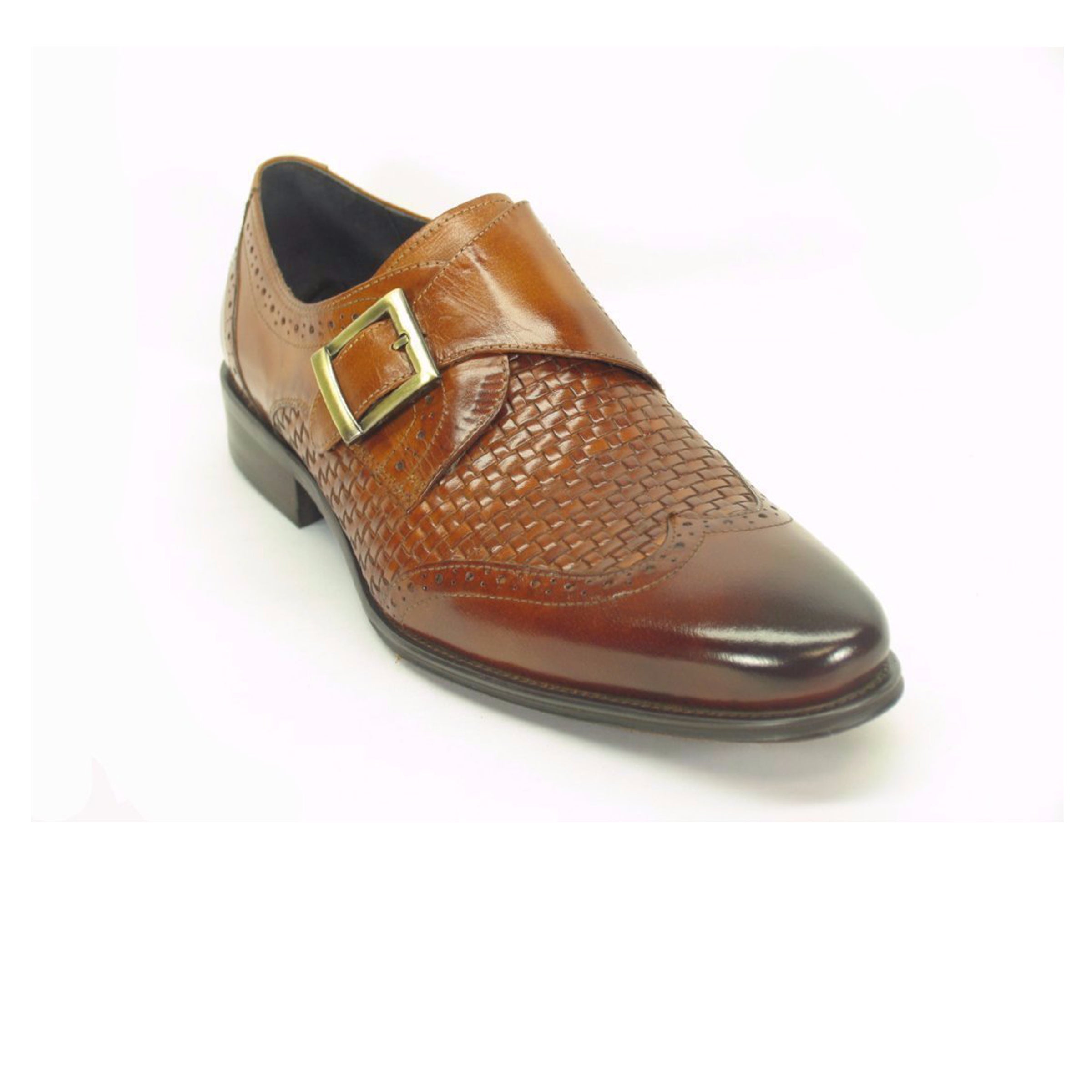 Mens Carrucci Woven Leather Single Buckle Monk Strap Dress Shoe in Brown & Navy - 7.5