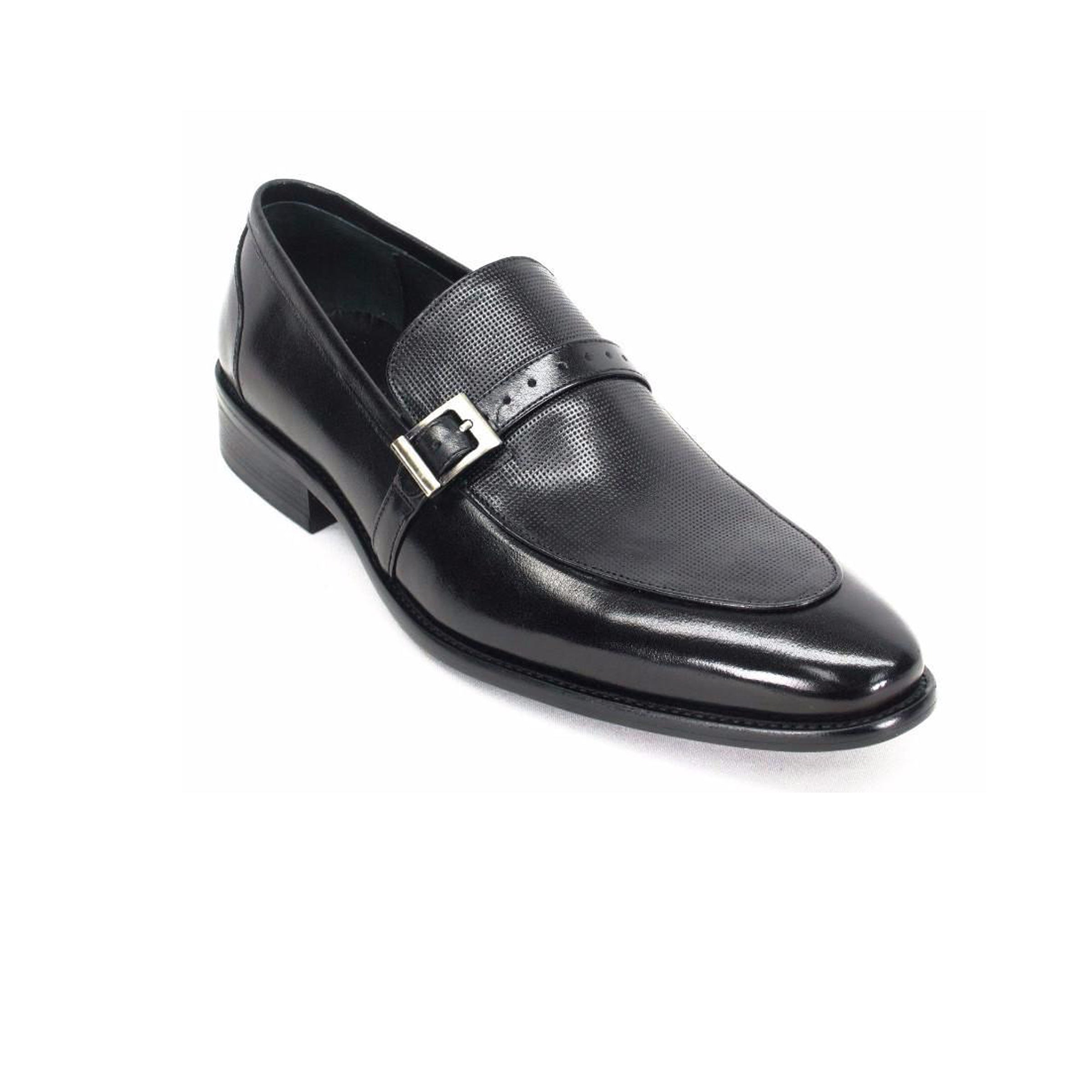 Mens Perforated Buckle Leather Slip On Dress Shoe in Black - 7.5