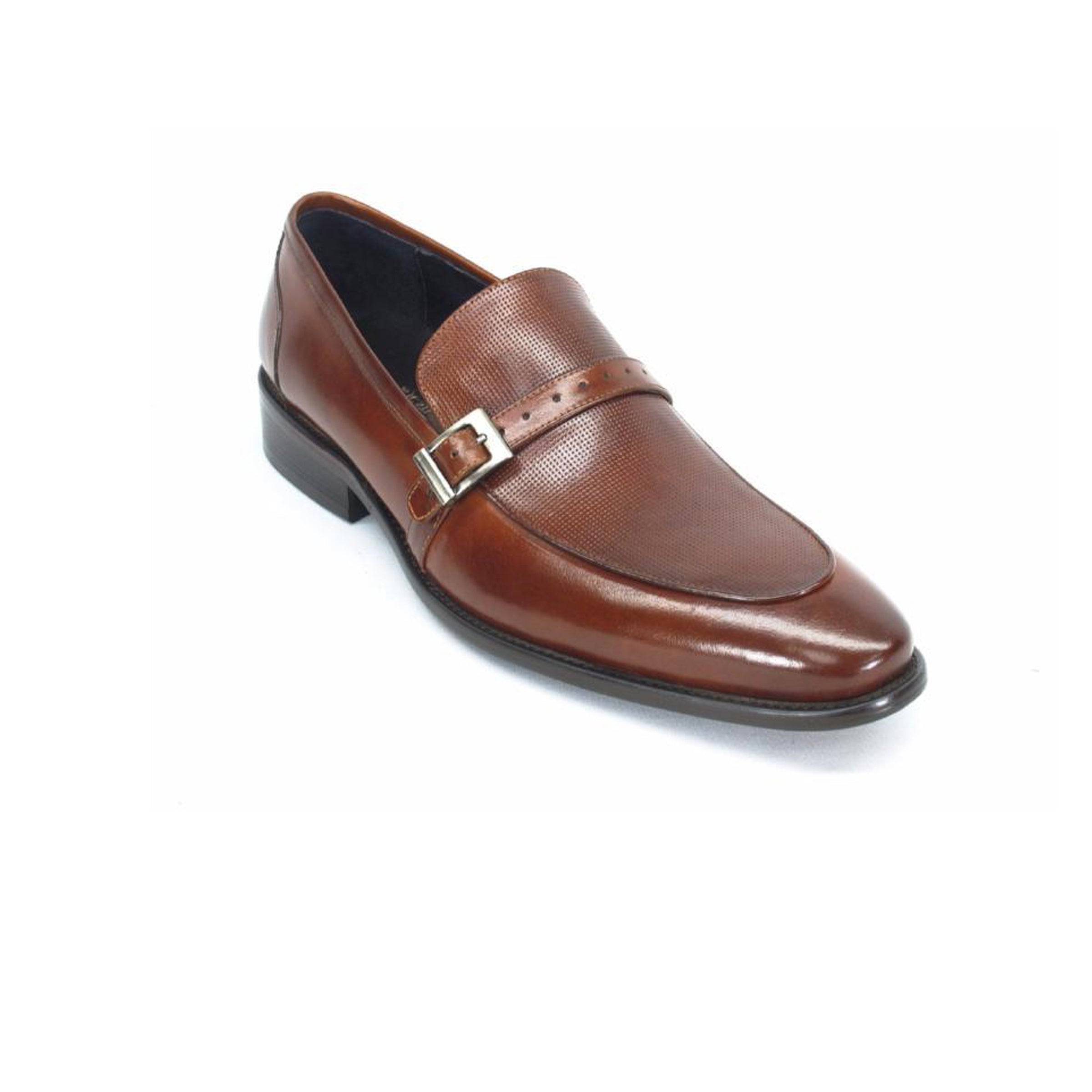 Mens Perforated Buckle Leather Slip On Dress Shoe in Black - 7.5