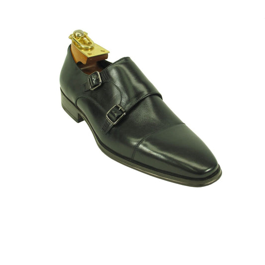 Mens  Wholecut Two Tone Leather Cap Toe Monk Strap Dress Shoes in Black
