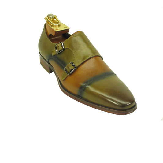 Mens Wholecut Two Tone Leather Cap Toe Monk Strap Dress Shoes in Lawn & Tan