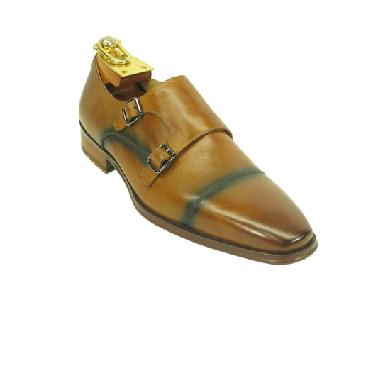 Mens Wholecut Two Tone Leather Cap Toe Monk Strap Dress Shoes in Cognac