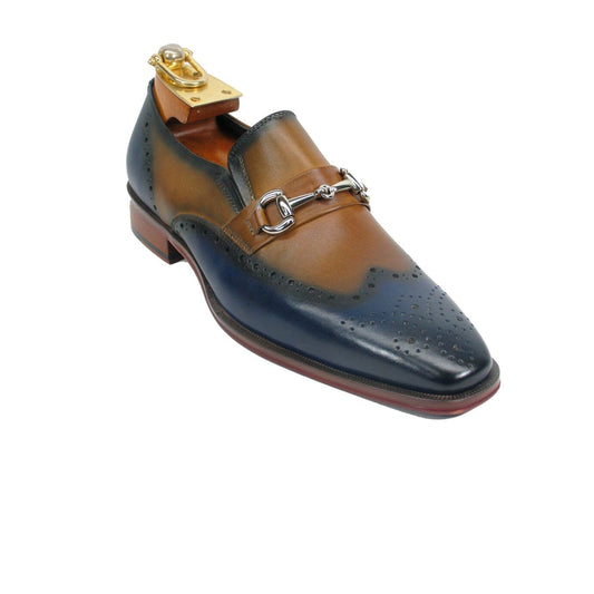 Mens Wholecut Two Tone Leather Wingtip Loafer Dress Shoes in Blue & Tan