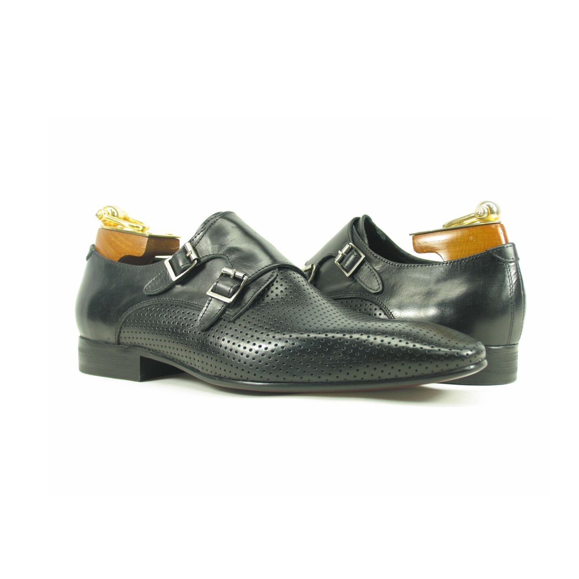 Mens Perforated Leather Double Monk Strap Dress Shoe in Brown - 7.5