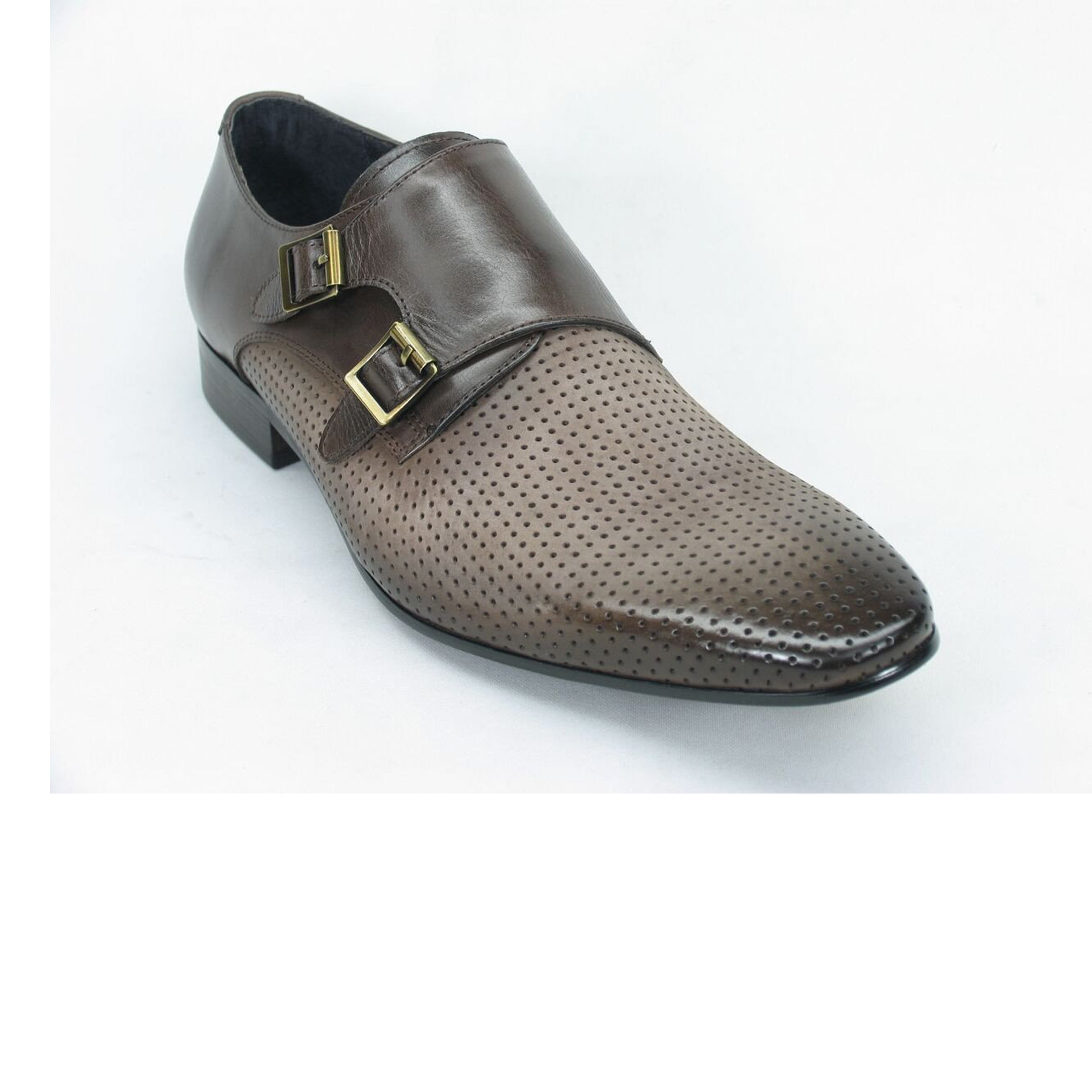 Mens Perforated Leather Double Monk Strap Dress Shoe in Brown - 7.5