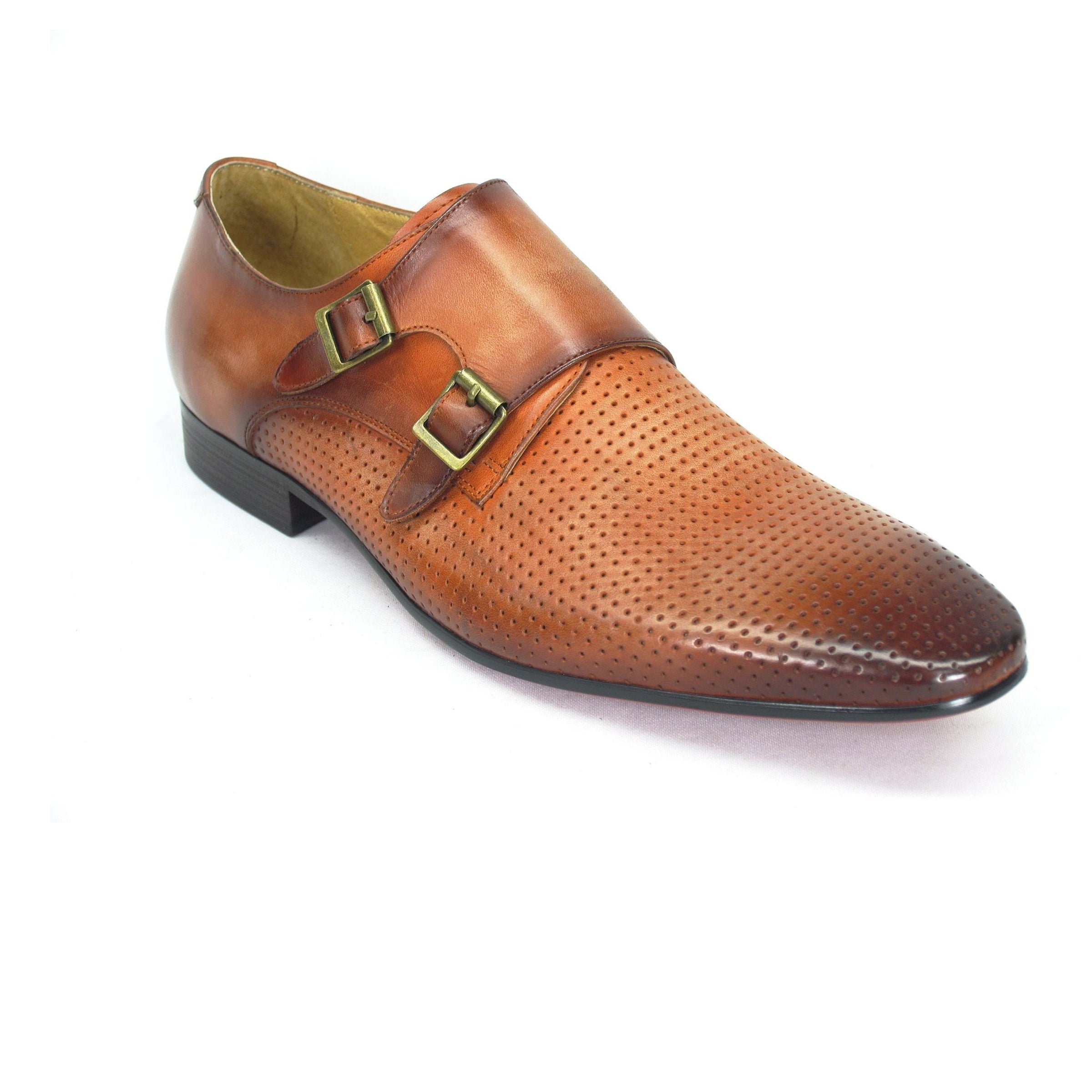 Mens Perforated Leather Double Monk Strap Dress Shoe in Black - 7.5