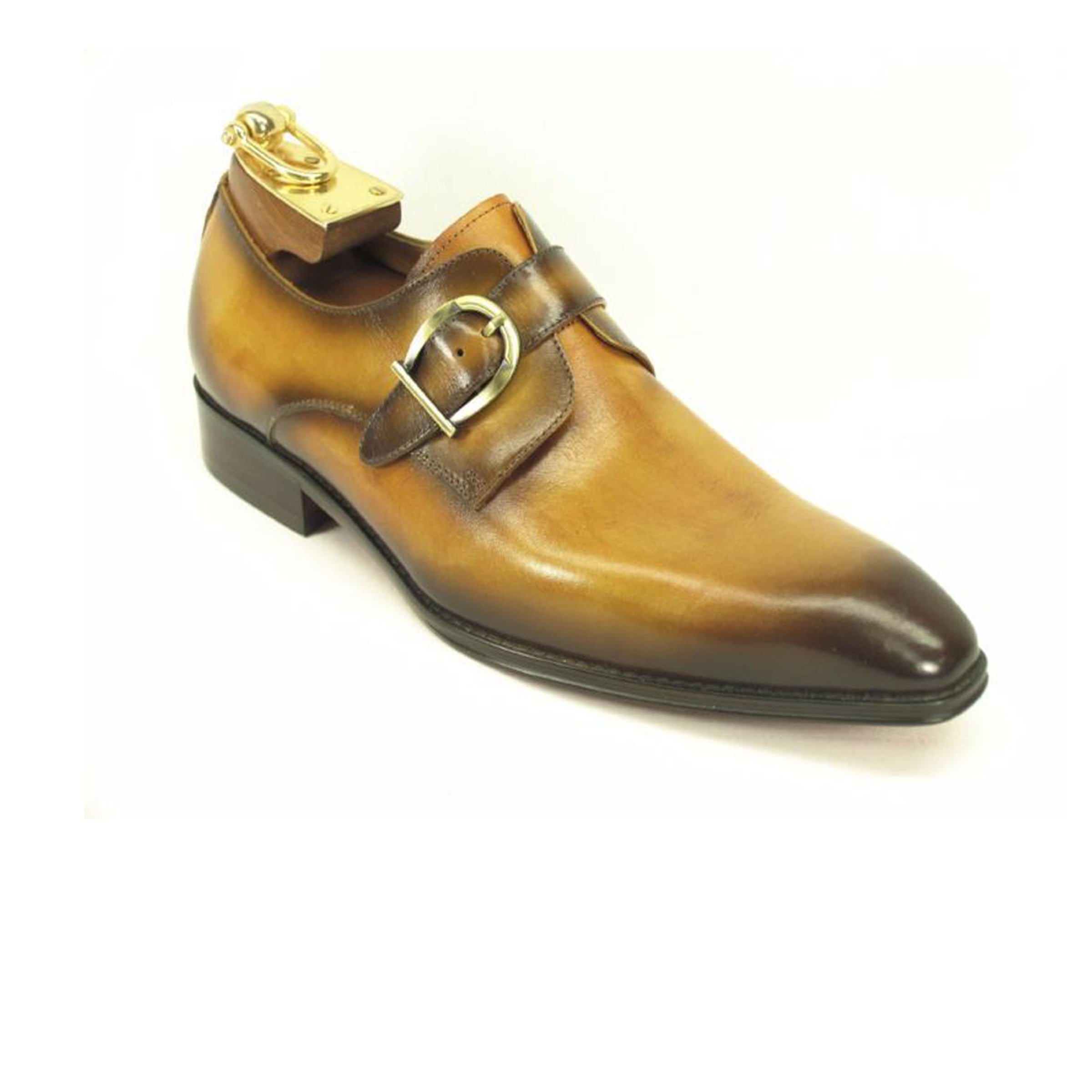 Mens Carrucci Classic Leather Fade Single D-Buckle Monk Strap Dress Shoe in Cognac - 7