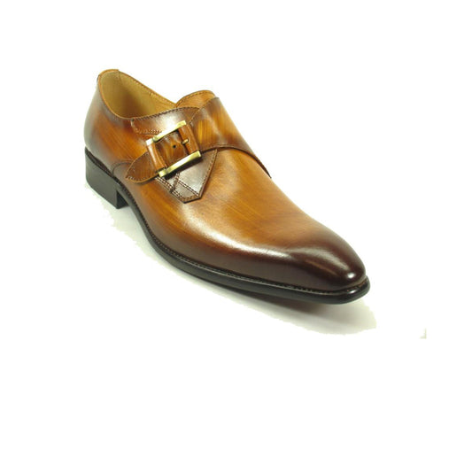 Mens Carrucci Classic Leather Fade Single Buckle Monk Strap Dress Shoe in Cognac