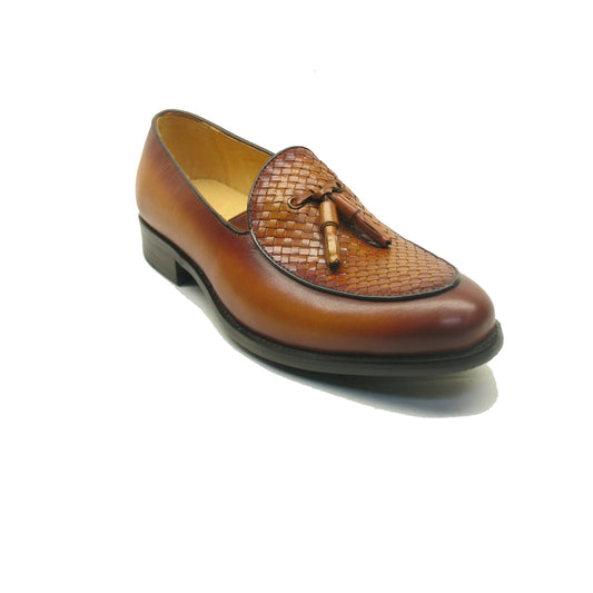 Mens Carrucci Woven Leather Tassel Loafer Dress Shoe in Cognac