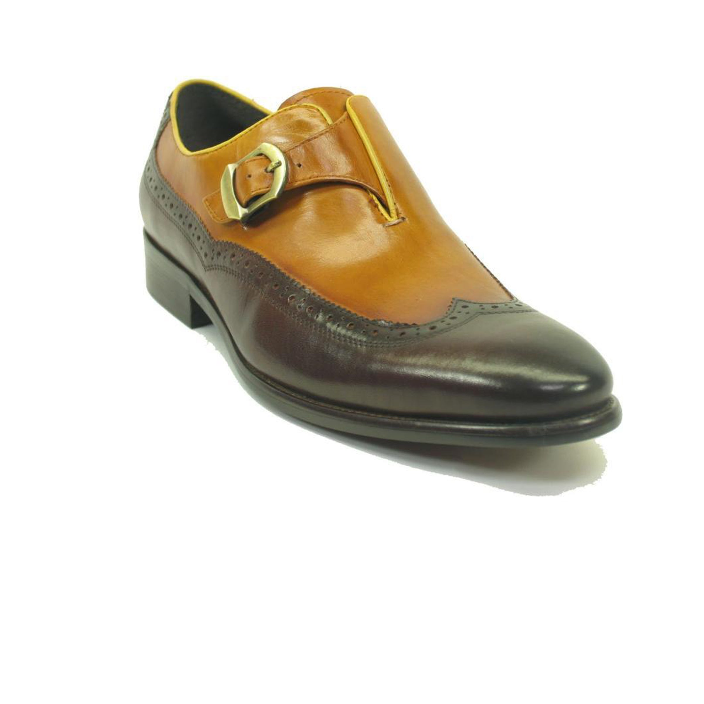Mens Carrucci Leather Wingtip Monk Strap Dress Shoe in Brown & Tan - 7.5