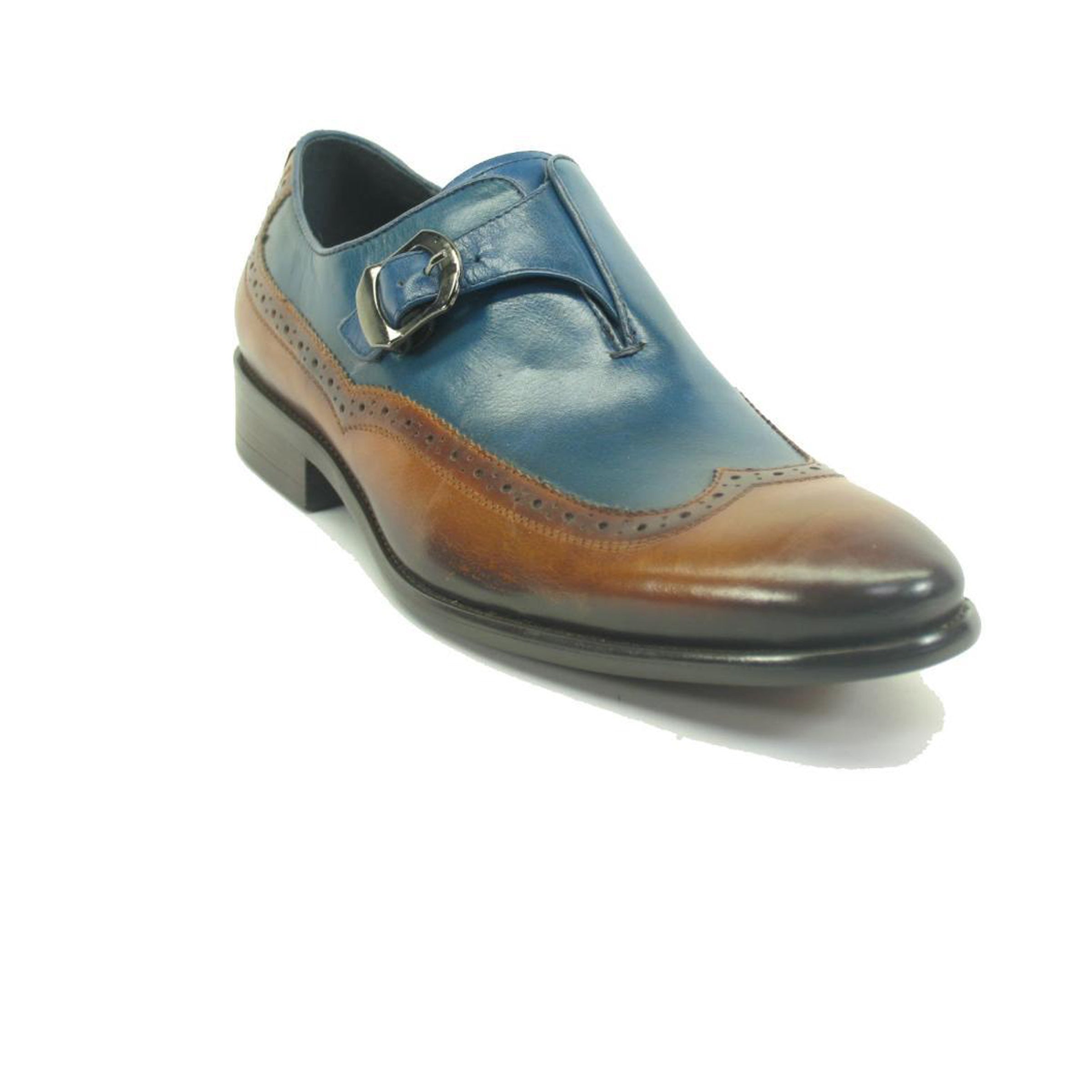 Mens Carrucci Leather Wingtip Monk Strap Dress Shoe in Cognac & Blue - 7.5